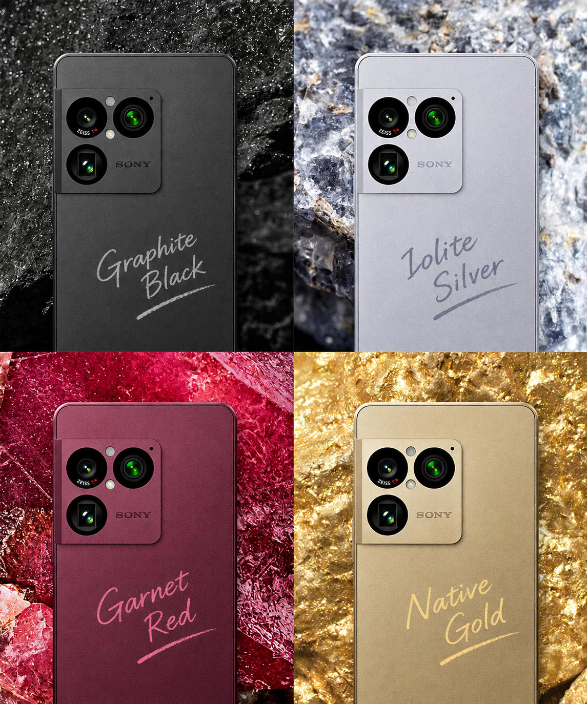 Xperia 1 VIIIの4色：Graphite Black、Iolite Silver、Garnet Red、Native Gold