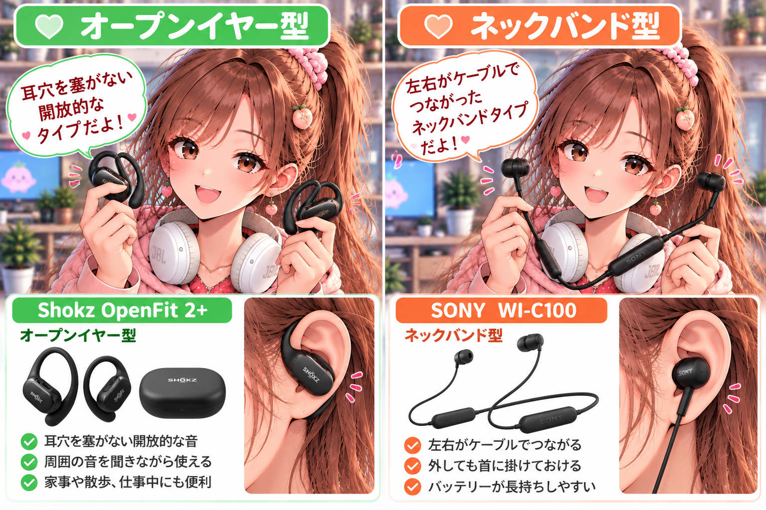 オープンイヤー型Shokz OpenFit 2+とネックバンド型SONY WI-C100の装着・製品比較