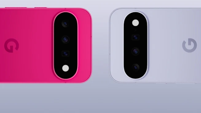Hibiscus と Frost の 2 台の Google Pixel 11 スマートフォンの背面。向かい合わせに配置され、Pixel カメラバーが特徴的です。