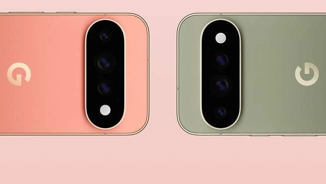 Canyon と Olive の 2 台の Google Pixel 11 Pro スマートフォンの背面を向かい合わせにした、Pixel カメラバーが特徴的なデザイン。