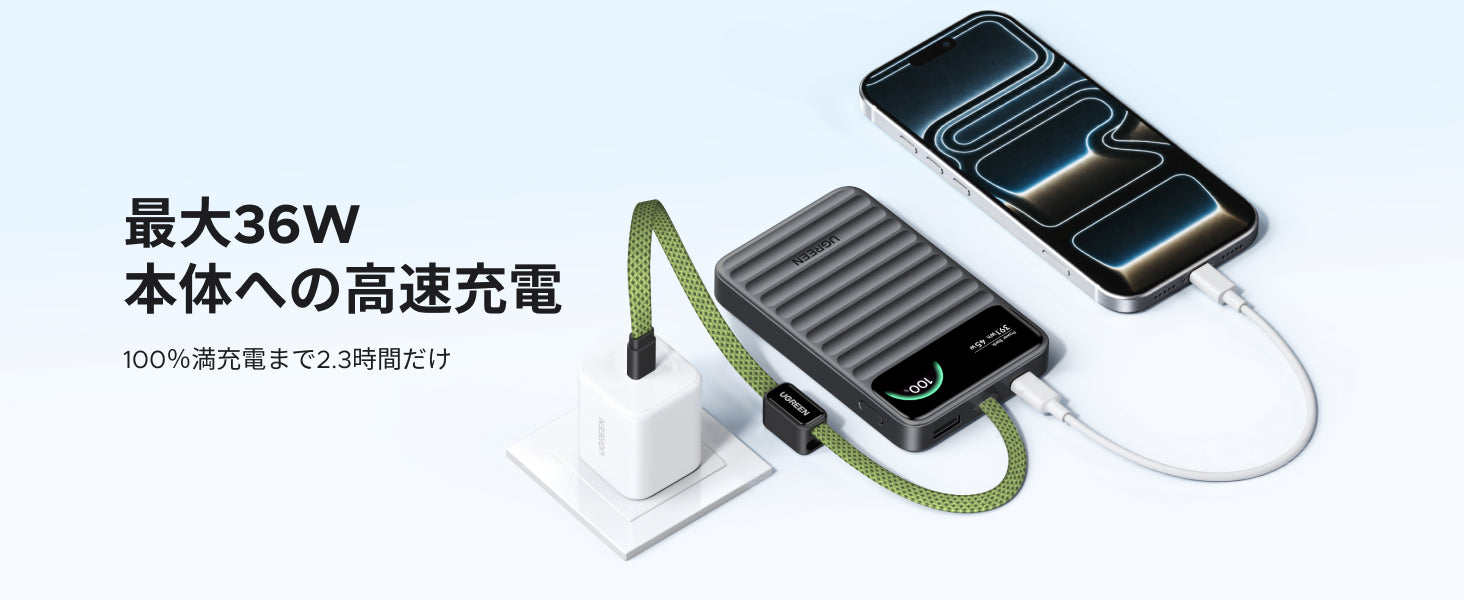 UGREEN Nexode Wavy 最大36W入力による本体の急速充電紹介画像