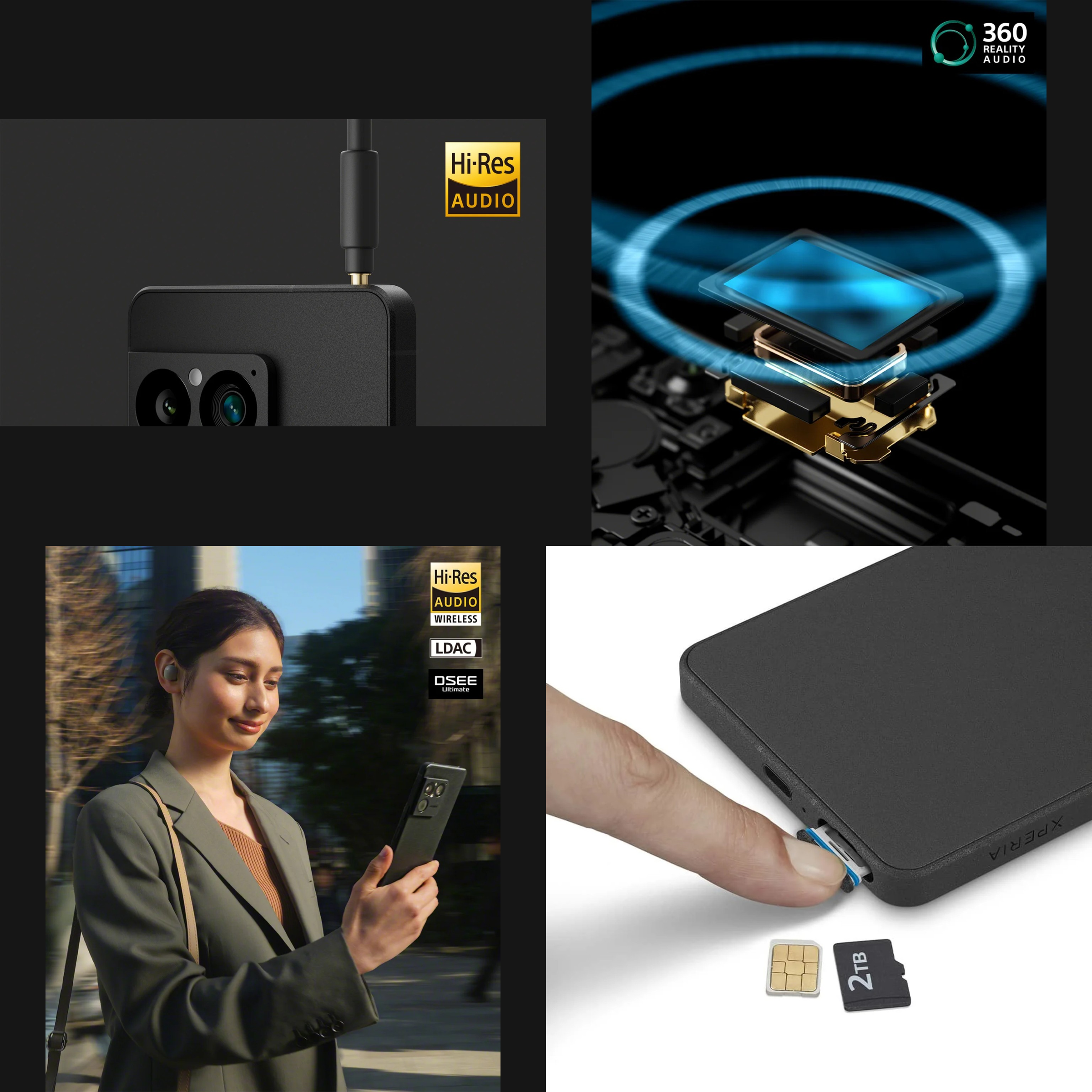 Xperia 1 VIIIのイヤホンジャック、Hi-Res・LDAC、360 Reality Audio、microSDXC最大2TBを示す4枚の画像